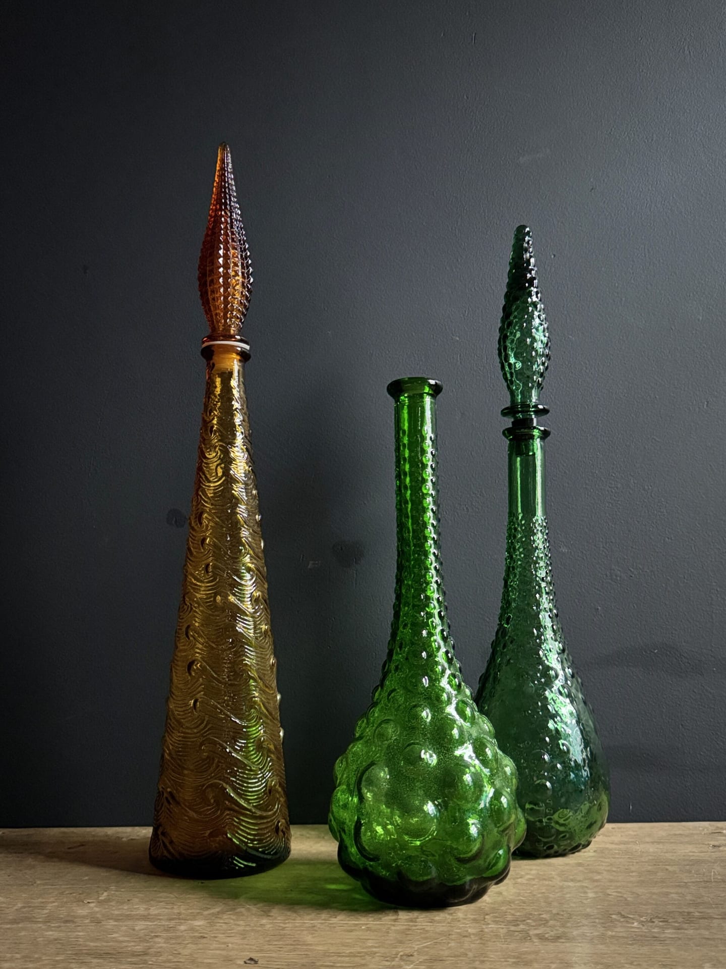 Set of 3 beautiful old Empoli Carafes