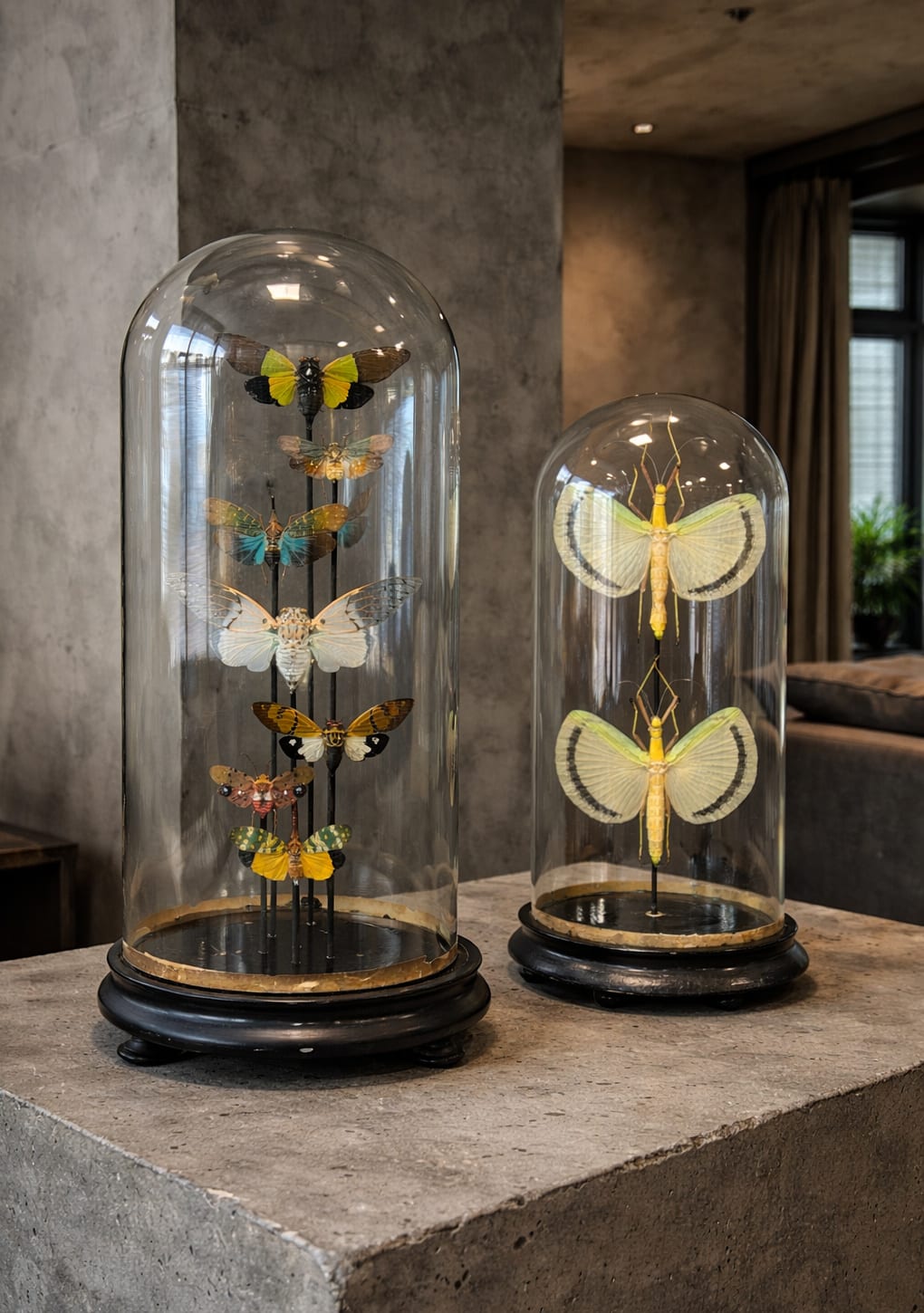 Antike Glasglocke mit Insekten
