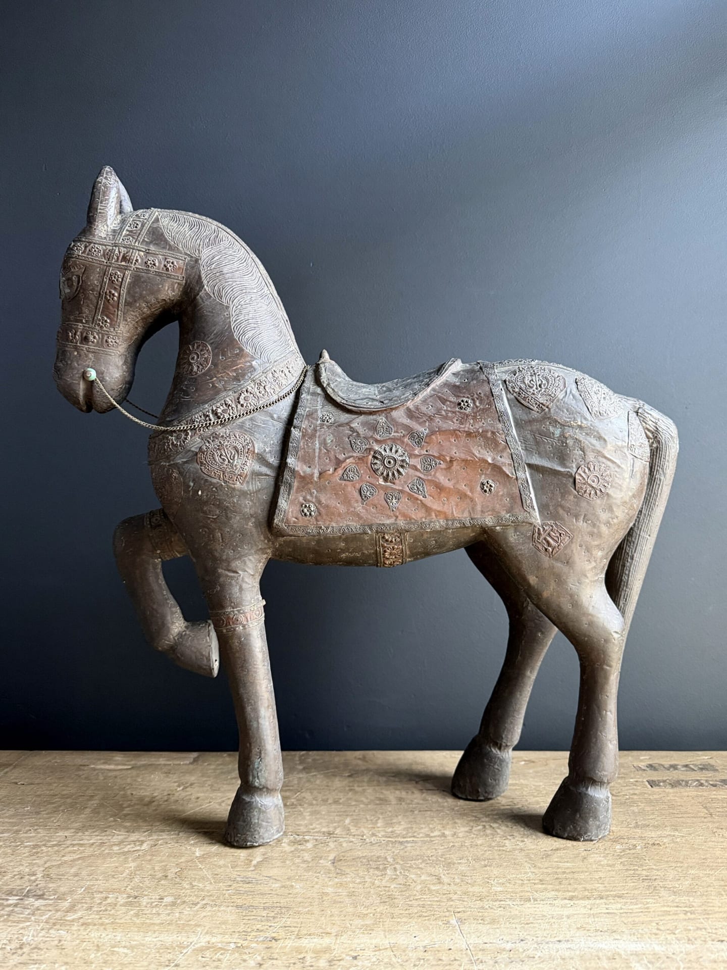 Antique Indian horse with brass inlay