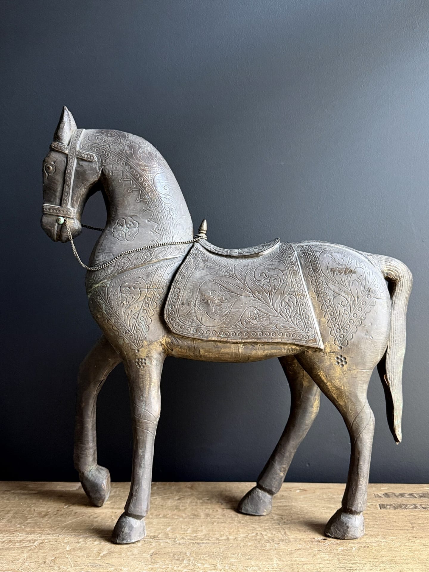 Antique Indian horse with brass inlay